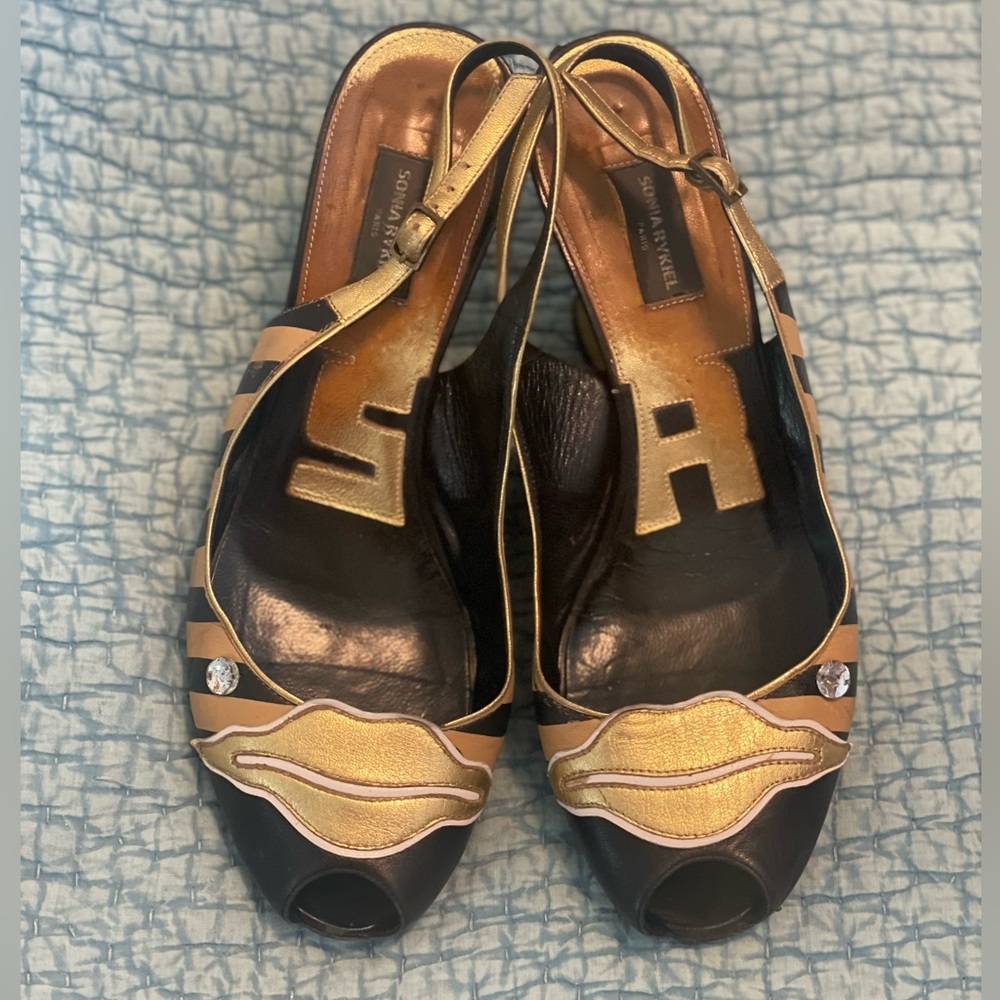 Amazing Vintage Sonia Rykiel Black & Gold Lips Stripes Wedge Heels 39 8 8.5